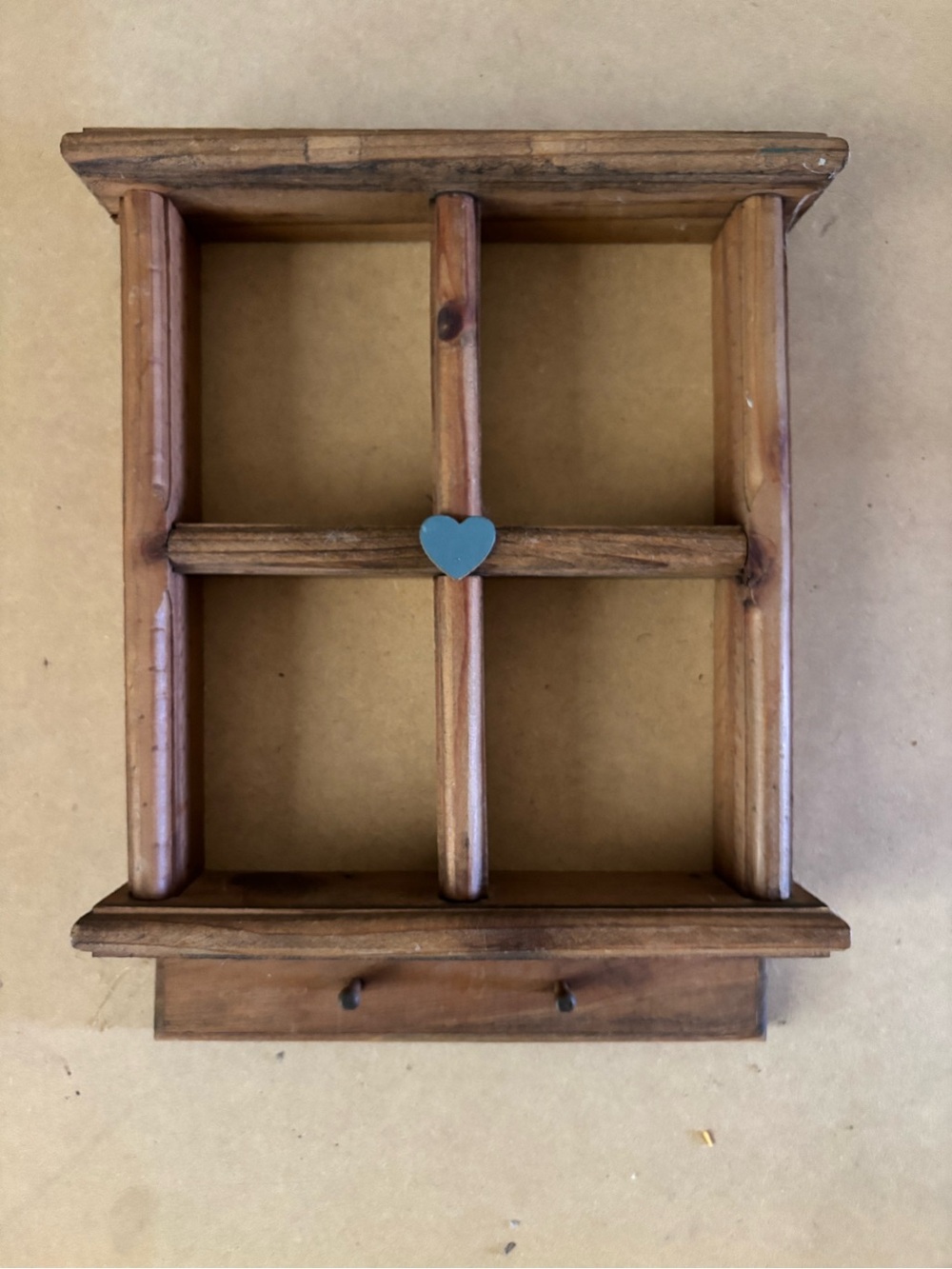 Hand Crafted Brown Wood Wall Display Shelf with Blue Heart Accent
